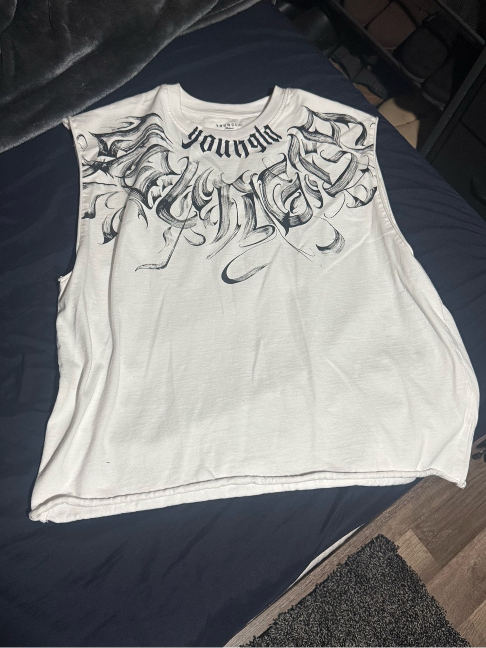 YoungLA White Tank with Black Script Neck Graphic - Picture 1 of 3